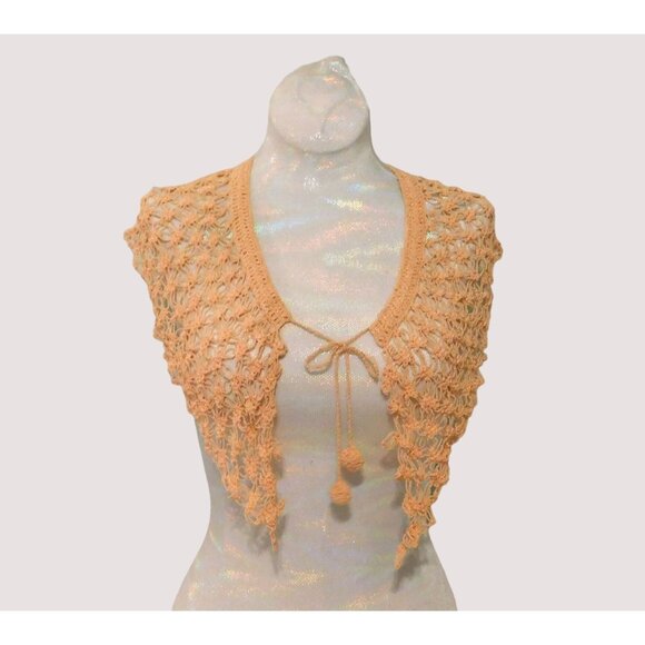 Vintage Crochet Lace Collar Peach Handmade Pom Pom Ties Bolero Shrug 6 Inch - Picture 1 of 7